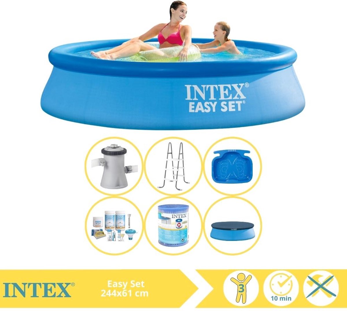   Easy Set Zwembad - Opblaaszwembad - 244x61 cm - Inclusief Afdekzeil, Onderhoudspakket, Filter, Trap en Voetenbad