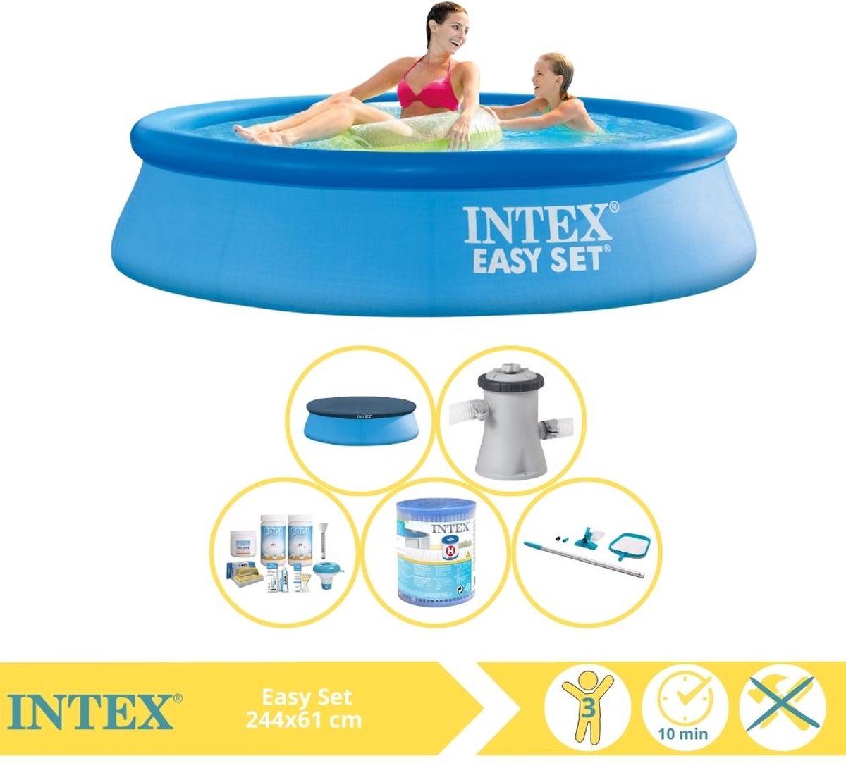   Easy Set Zwembad - Opblaaszwembad - 244x61 cm - Inclusief Afdekzeil, Onderhoudspakket, Filter en Onderhoudsset