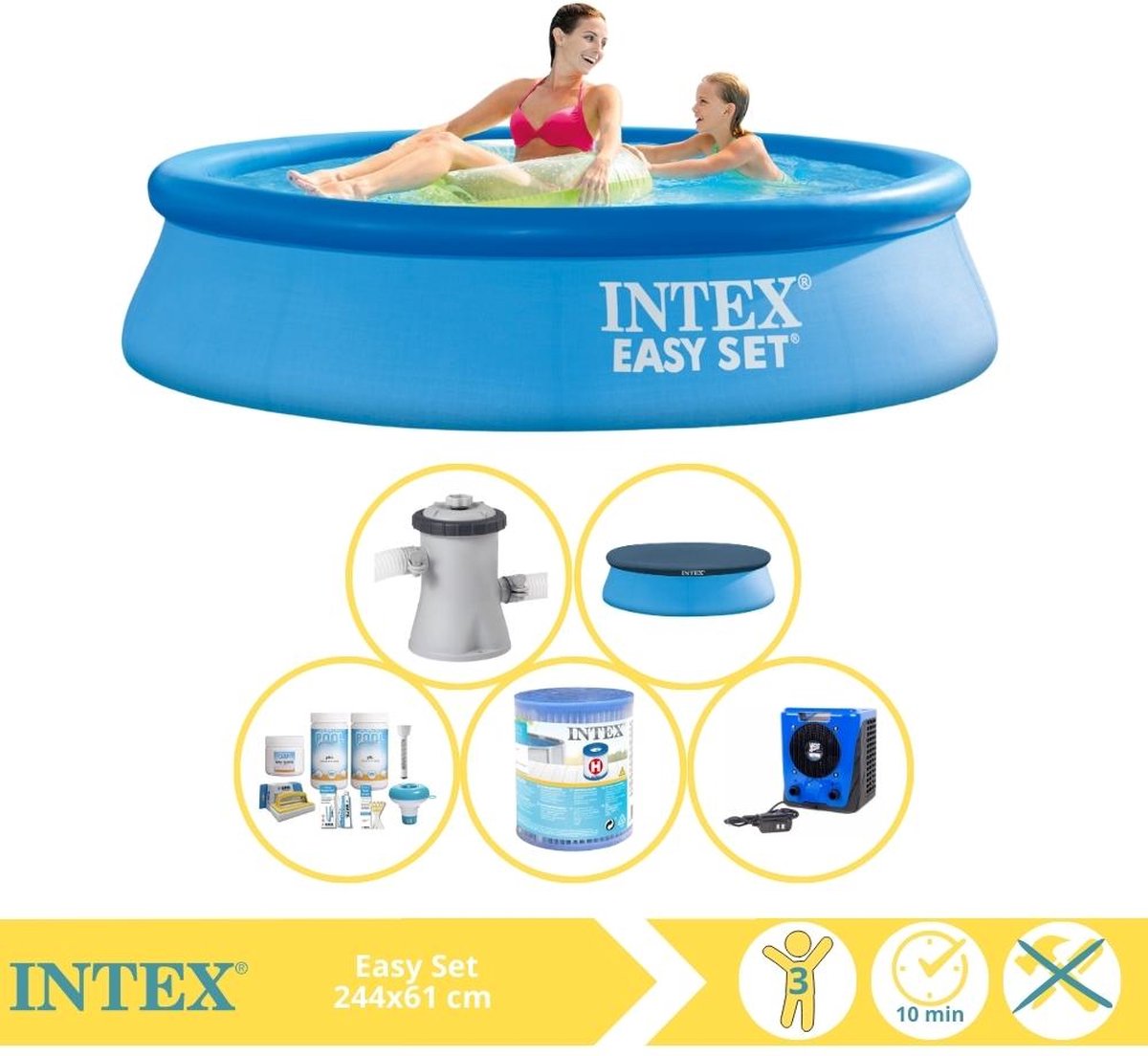   Easy Set Zwembad - Opblaaszwembad - 244x61 cm - Inclusief Afdekzeil, Onderhoudspakket, Filter en Warmtepomp HS