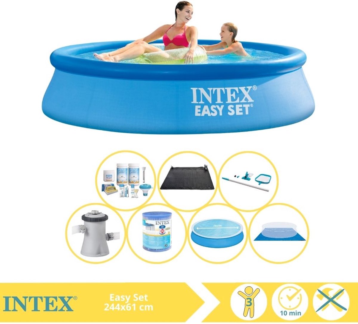   Easy Set Zwembad - Opblaaszwembad - 244x61 cm - Inclusief Solarzeil, Onderhoudspakket, Filter, Grondzeil, Onderhoudsset en Solar Mat