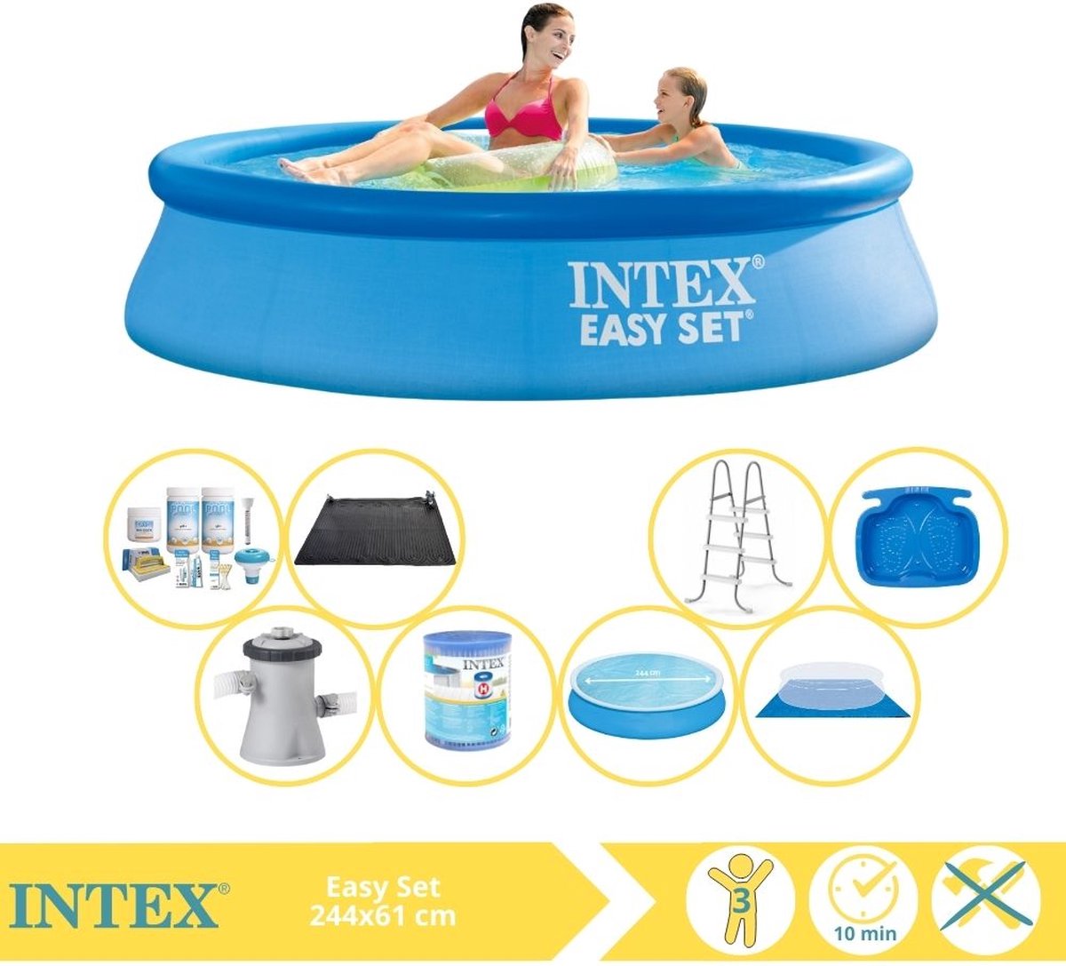   Easy Set Zwembad - Opblaaszwembad - 244x61 cm - Inclusief Solarzeil, Onderhoudspakket, Filter, Grondzeil, Solar Mat, Trap en Voetenbad