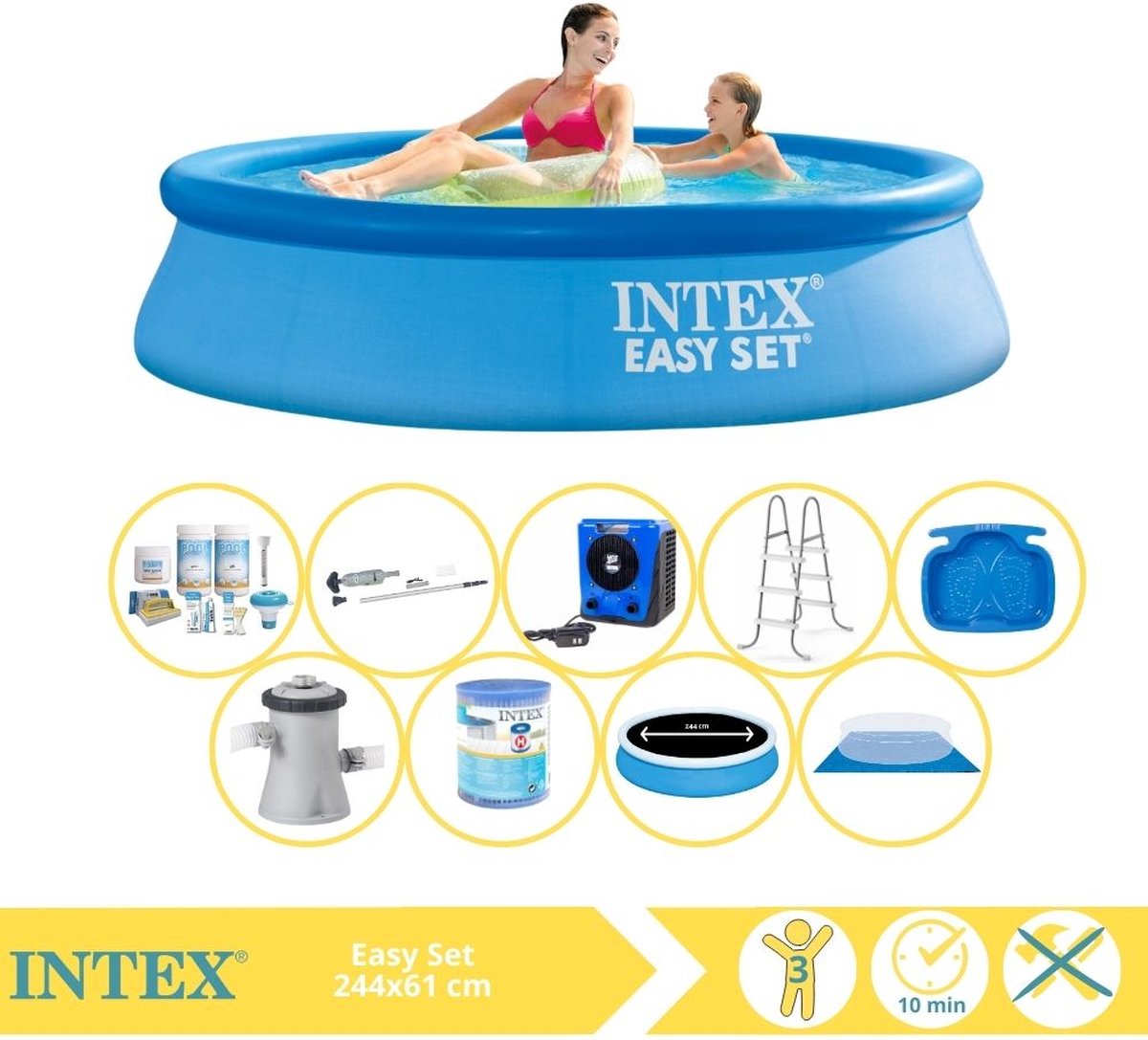   Easy Set Zwembad - Opblaaszwembad - 244x61 cm - Inclusief Solarzeil, Onderhoudspakket, Filter, Grondzeil, Stofzuiger en Warmtepomp HS