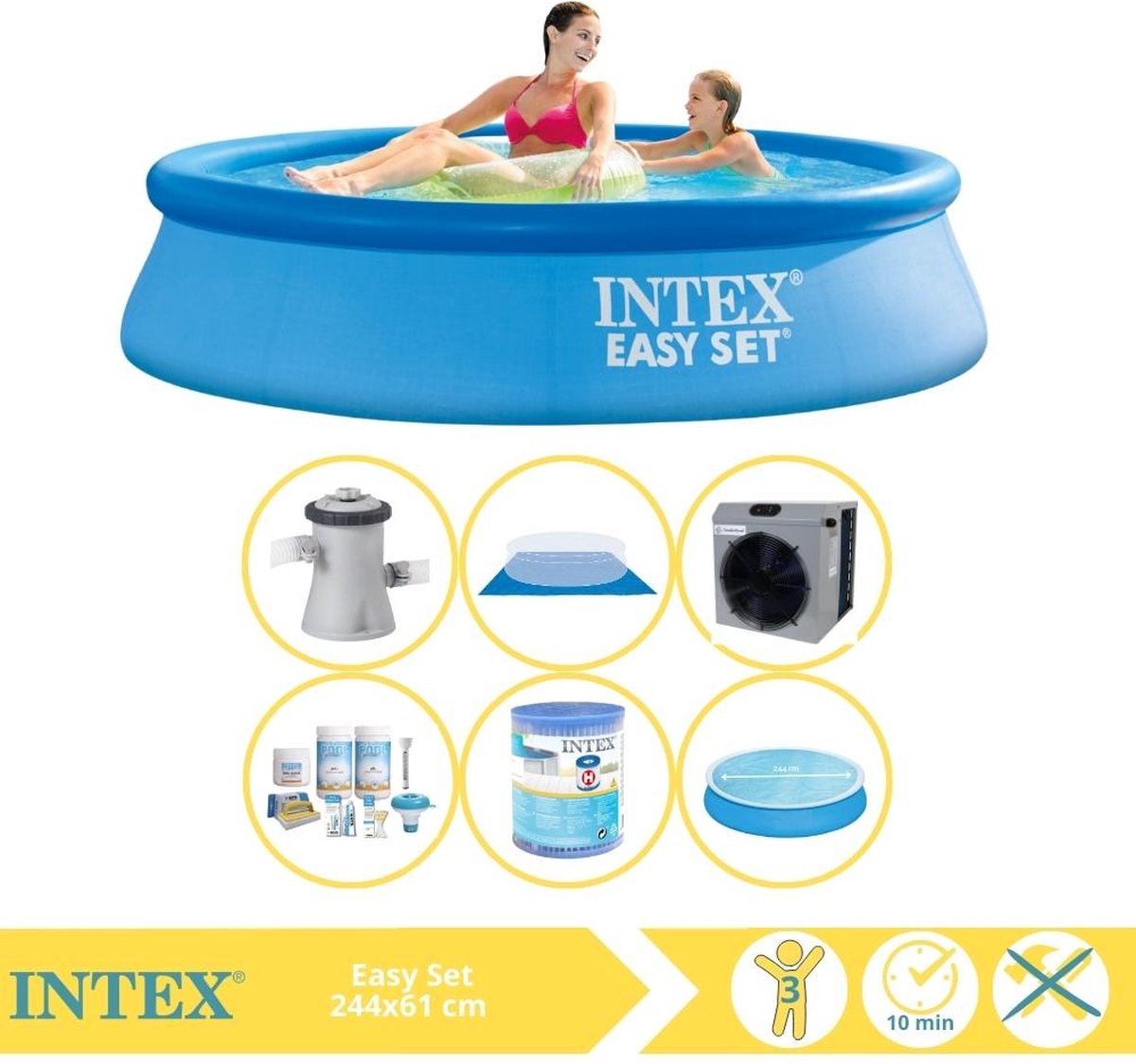   Easy Set Zwembad - Opblaaszwembad - 244x61 cm - Inclusief Solarzeil, Onderhoudspakket, Filter, Grondzeil en Warmtepomp CP