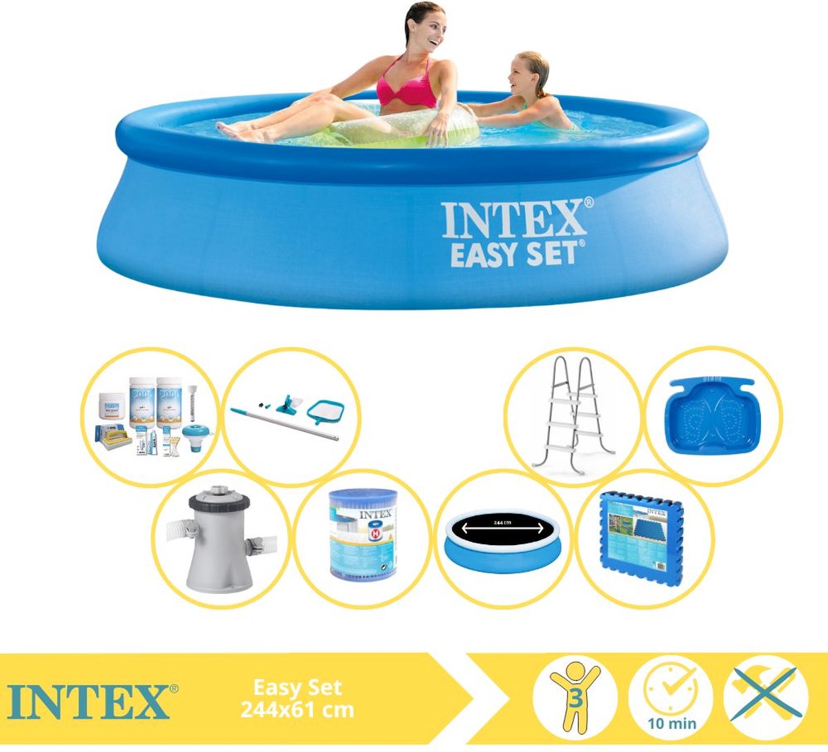   Easy Set Zwembad - Opblaaszwembad - 244x61 cm - Inclusief Solarzeil Pro, Onderhoudspakket, Filter, Onderhoudsset, Trap, Voetenbad en Zwembadtegels