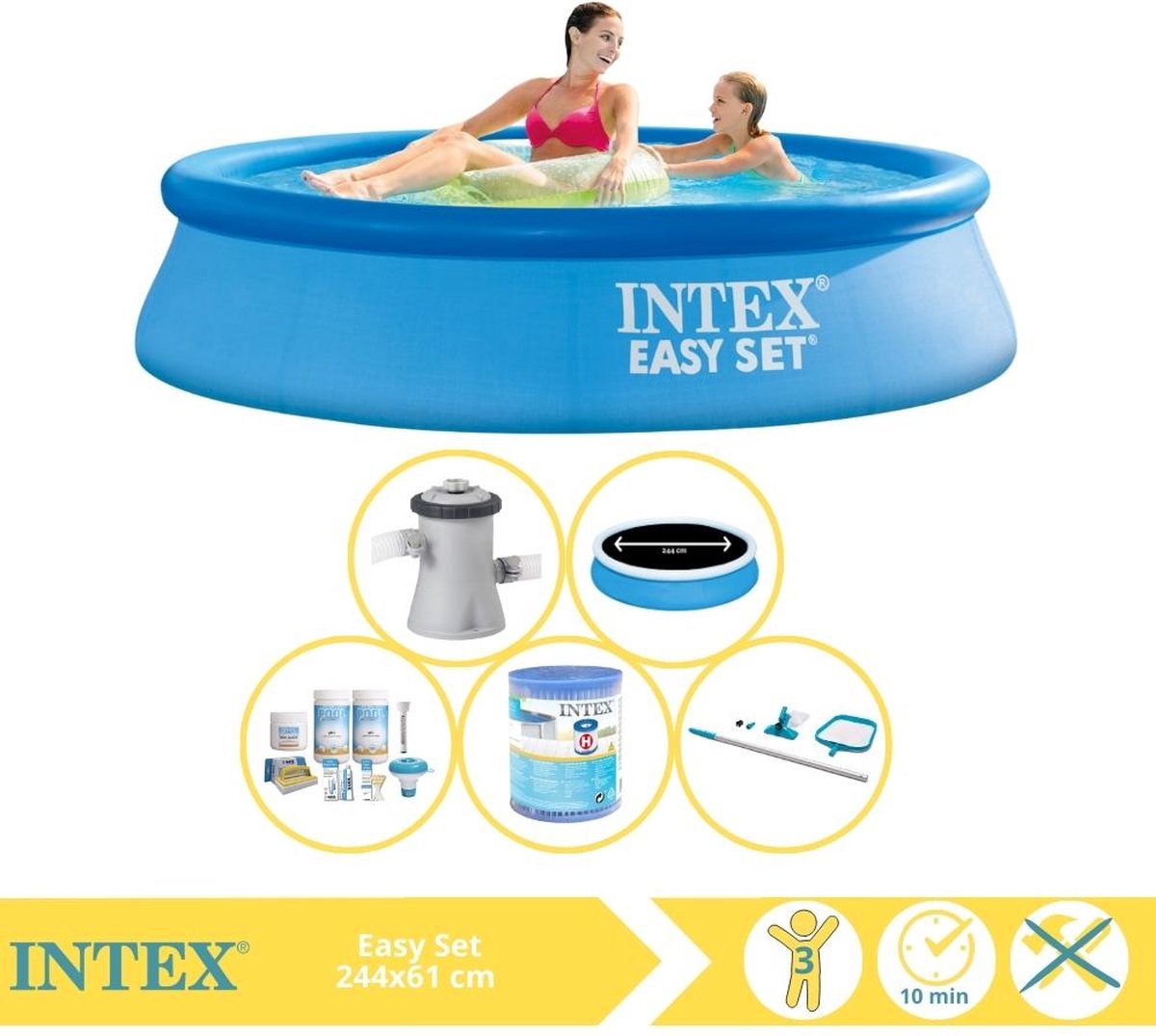  Easy Set Zwembad - Opblaaszwembad - 244x61 cm - Inclusief Solarzeil Pro, Onderhoudspakket, Filter en Onderhoudsset