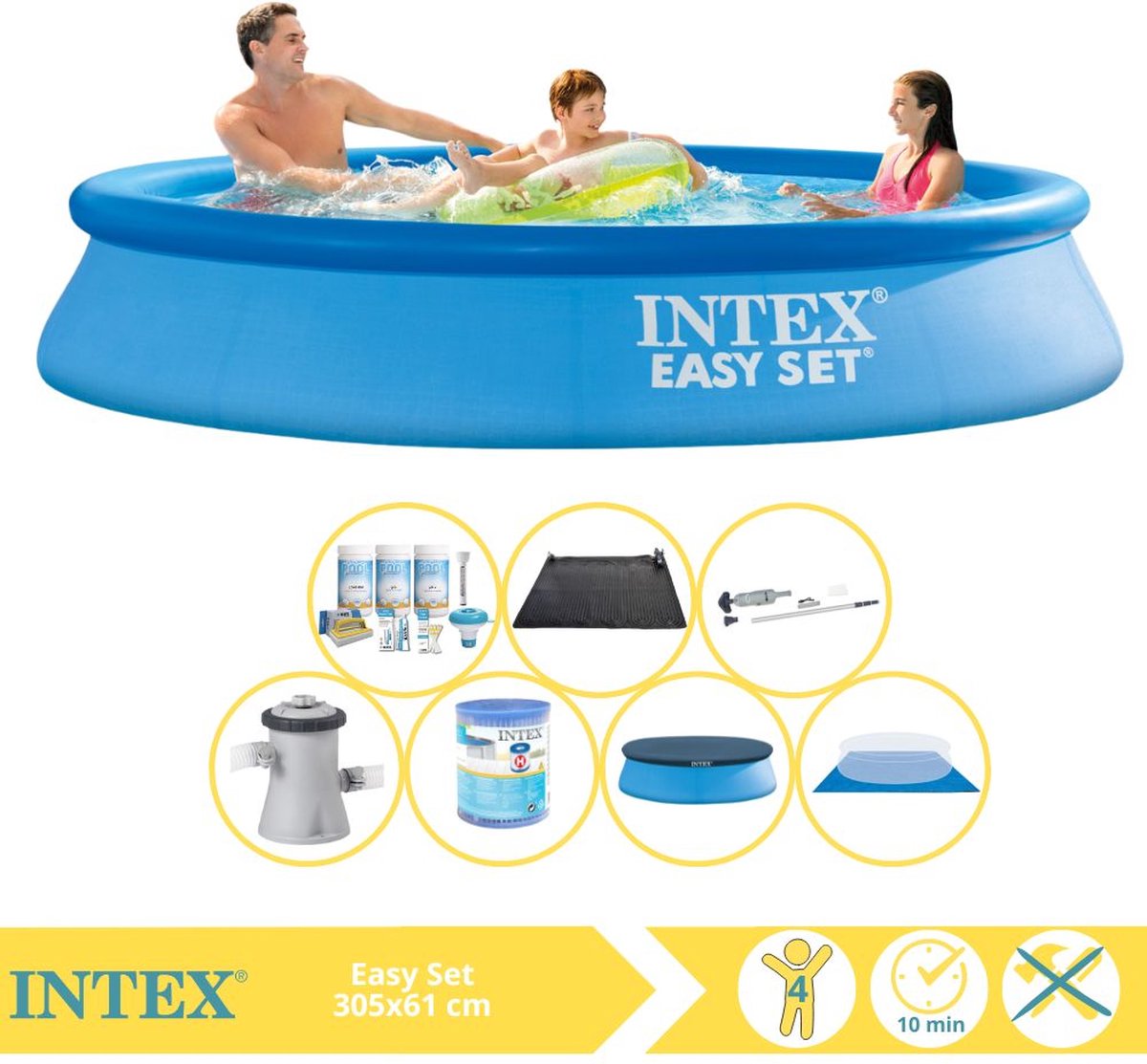   Easy Set Zwembad - Opblaaszwembad - 305x61 cm - Inclusief Afdekzeil, Onderhoudspakket, Filter, Grondzeil, Stofzuiger en Solar Mat
