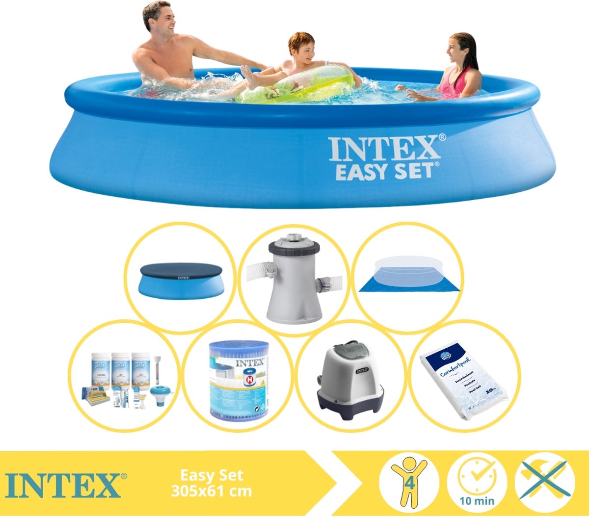   Easy Set Zwembad - Opblaaszwembad - 305x61 cm - Inclusief Afdekzeil, Onderhoudspakket, Filter, Grondzeil, Zoutsysteem en Zout
