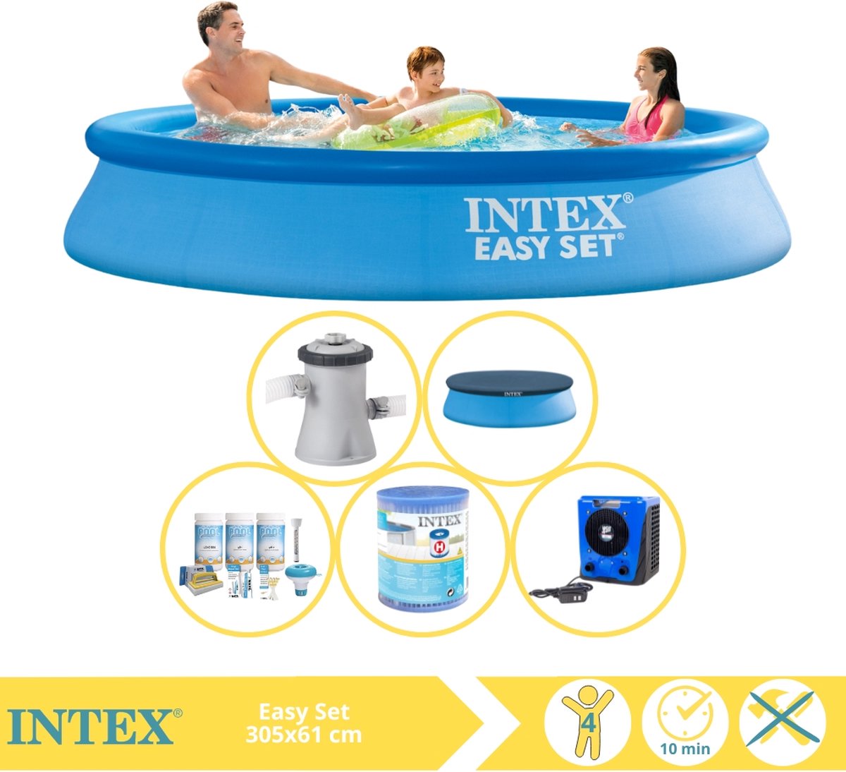   Easy Set Zwembad - Opblaaszwembad - 305x61 cm - Inclusief Afdekzeil, Onderhoudspakket, Filter en Warmtepomp HS