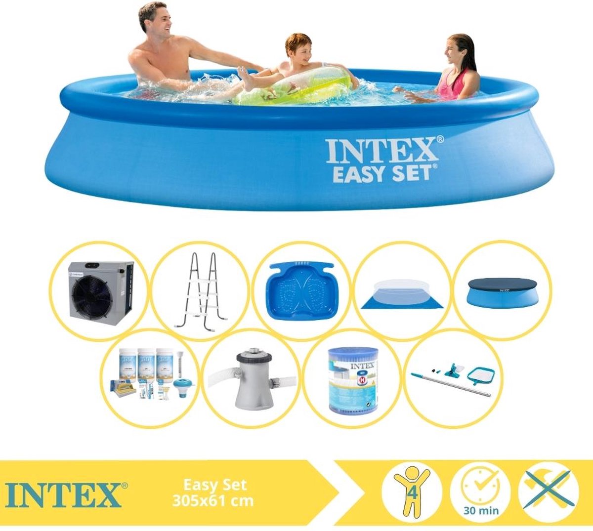   Easy Set Zwembad - Opblaaszwembad - 305x61 cm - Inclusief Afdekzeil, Onderhoudspakket, Zwembadpomp, Filter, Grondzeil, Onderhoudsset, Trap, Voetenbad en Warmtepomp CP