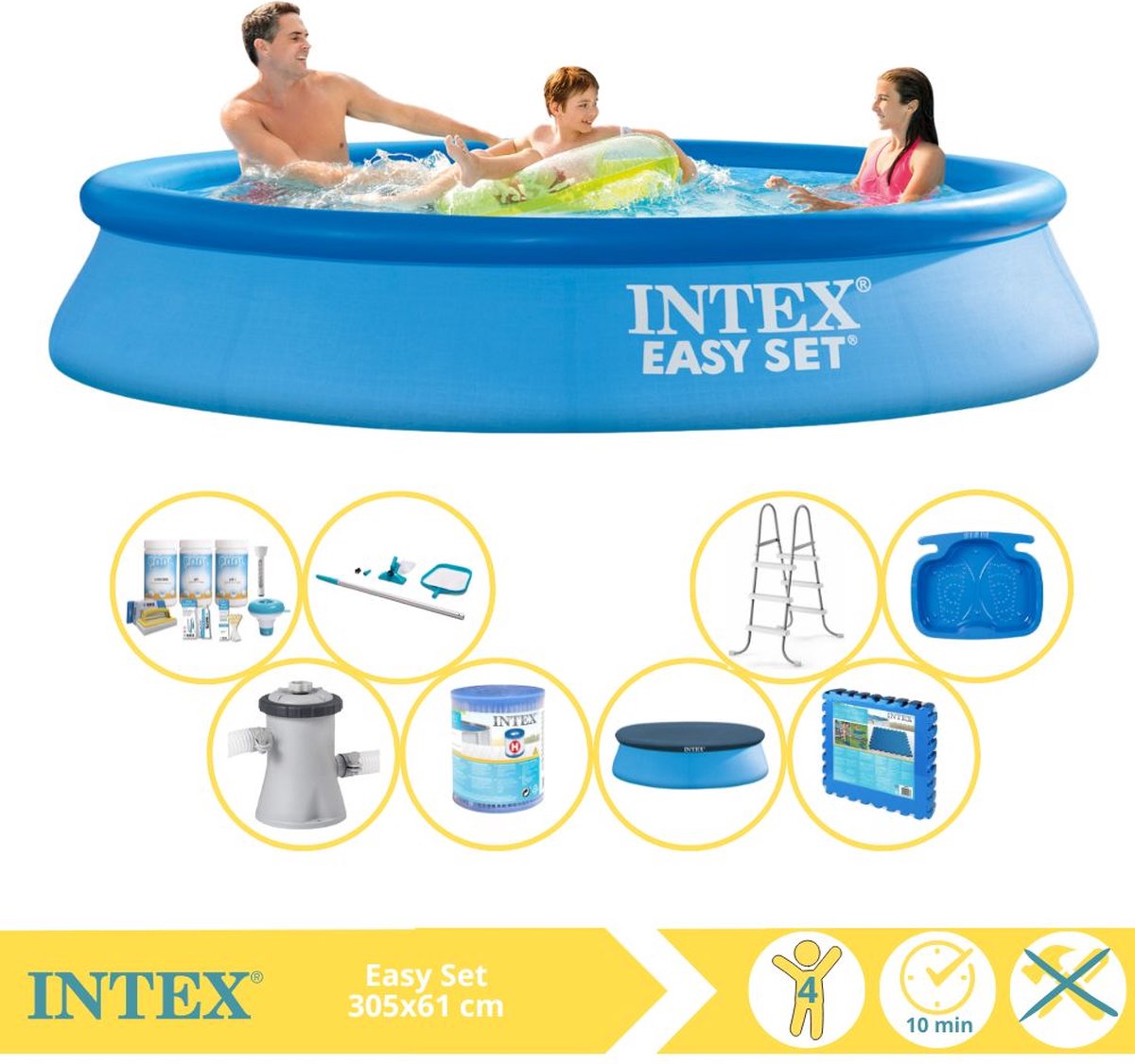   Easy Set Zwembad - Opblaaszwembad - 305x61 cm - Inclusief Afdekzeil, Onderhoudspakket, Zwembadpomp, Filter, Onderhoudsset, Trap, Voetenbad en Zwembadtegels