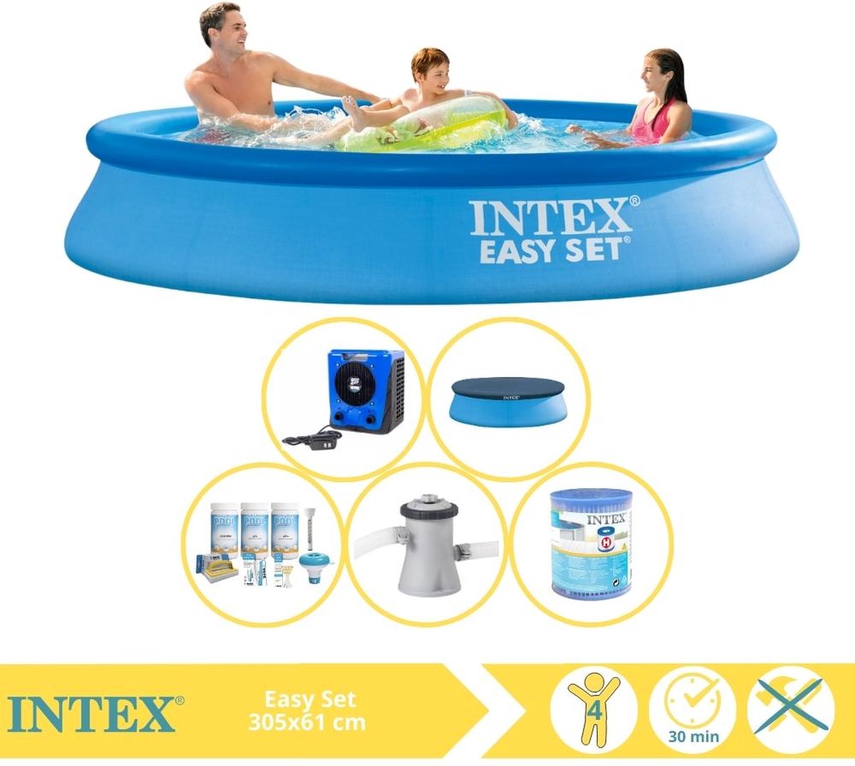   Easy Set Zwembad - Opblaaszwembad - 305x61 cm - Inclusief Afdekzeil, Onderhoudspakket, Zwembadpomp, Filter en Warmtepomp HS