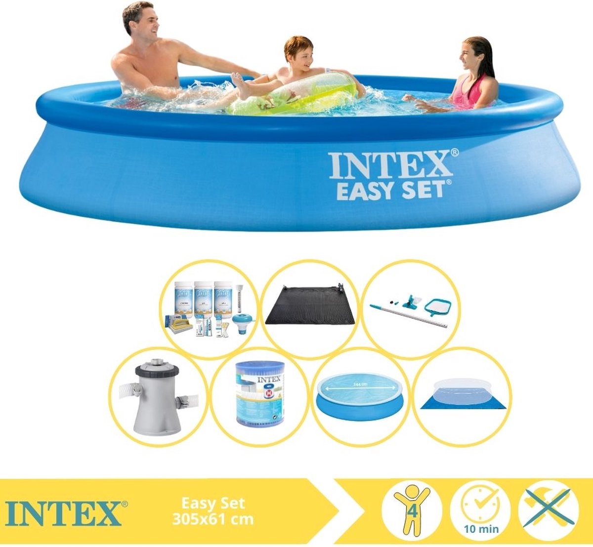   Easy Set Zwembad - Opblaaszwembad - 305x61 cm - Inclusief Solarzeil, Onderhoudspakket, Filter, Grondzeil, Onderhoudsset en Solar Mat