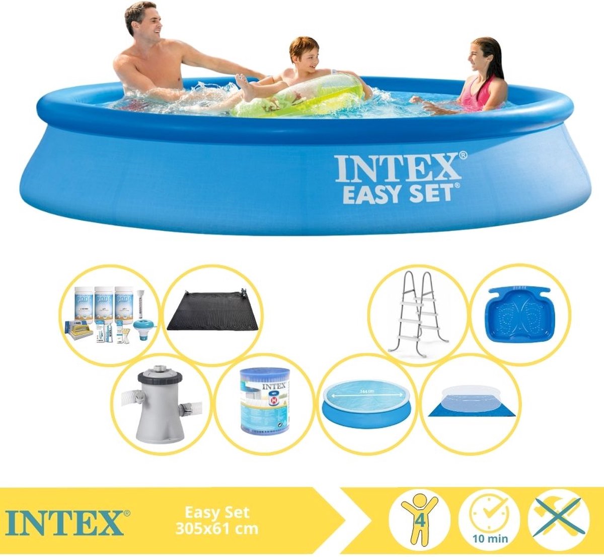   Easy Set Zwembad - Opblaaszwembad - 305x61 cm - Inclusief Solarzeil, Onderhoudspakket, Filter, Grondzeil, Solar Mat, Trap en Voetenbad