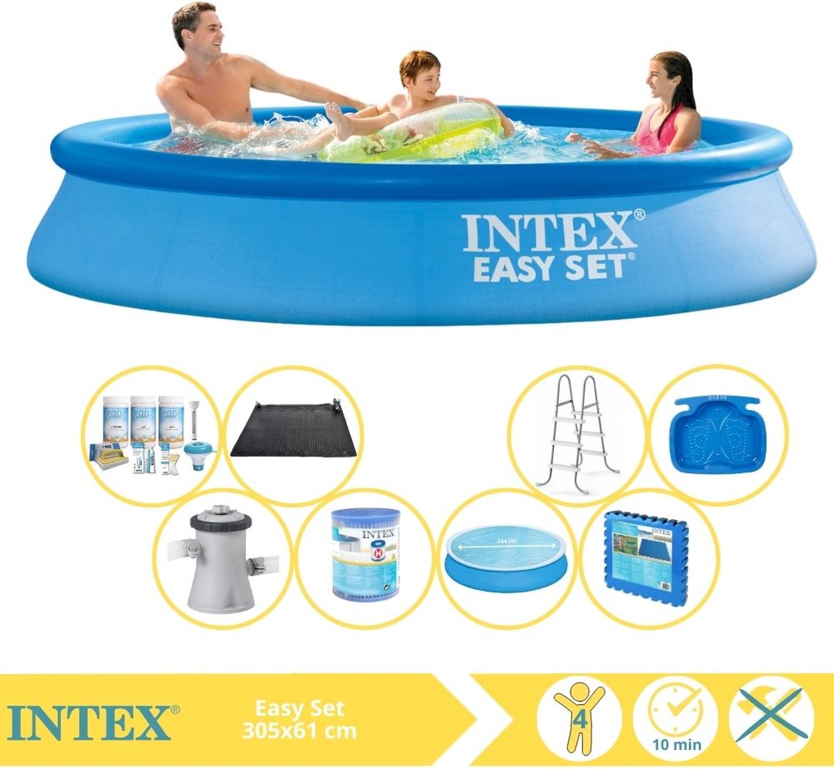   Easy Set Zwembad - Opblaaszwembad - 305x61 cm - Inclusief Solarzeil, Onderhoudspakket, Filter, Solar Mat, Trap, Voetenbad en Zwembadtegels