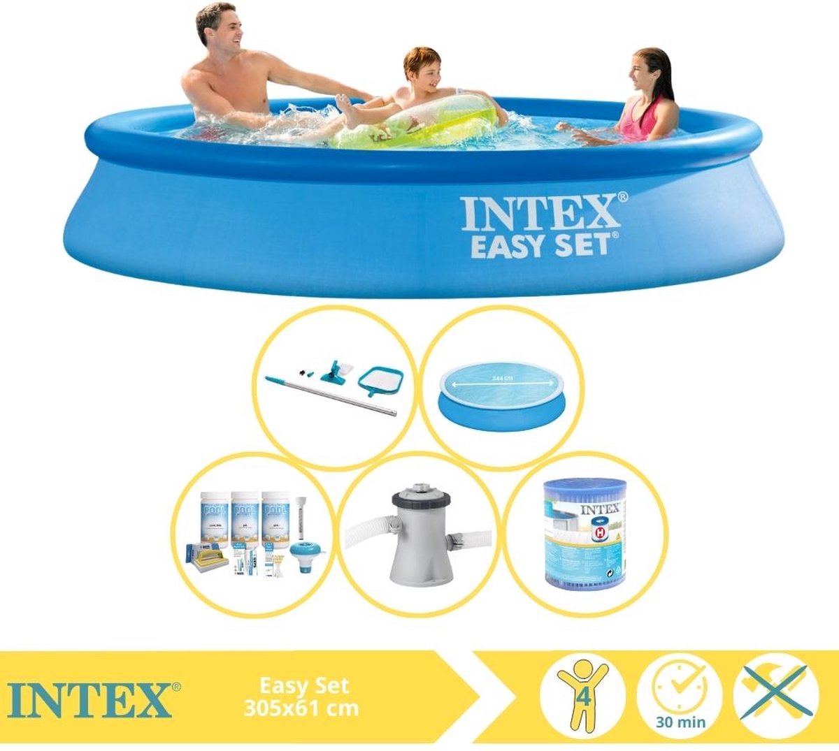   Easy Set Zwembad - Opblaaszwembad - 305x61 cm - Inclusief Solarzeil, Onderhoudspakket, Zwembadpomp, Filter en Onderhoudsset