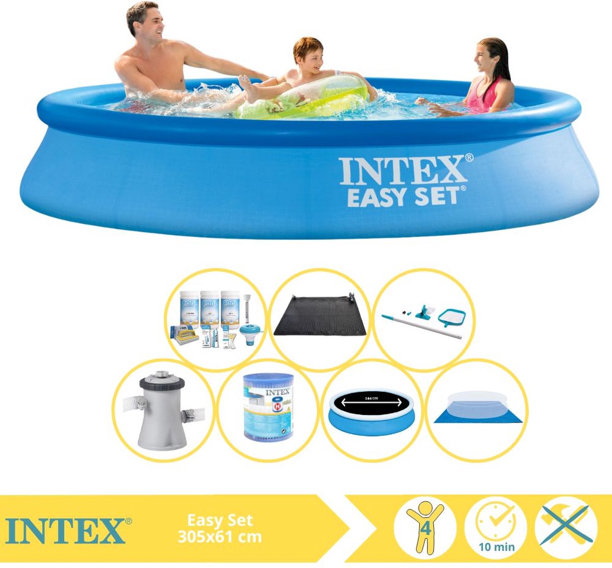   Easy Set Zwembad - Opblaaszwembad - 305x61 cm - Inclusief Solarzeil Pro, Onderhoudspakket, Filter, Grondzeil, Onderhoudsset en Solar Mat