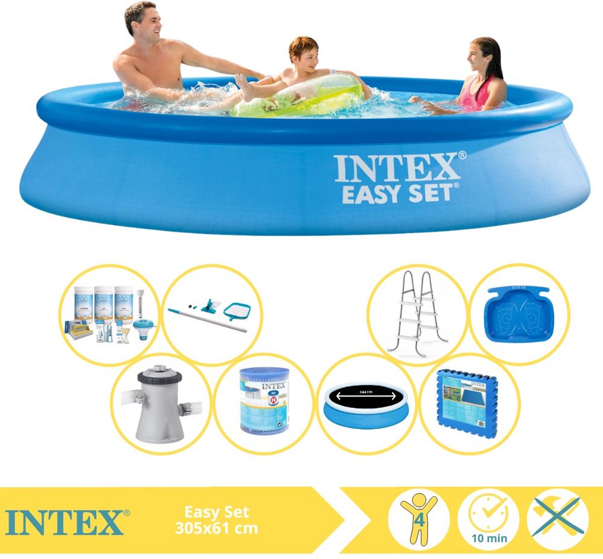   Easy Set Zwembad - Opblaaszwembad - 305x61 cm - Inclusief Solarzeil Pro, Onderhoudspakket, Filter, Onderhoudsset, Trap, Voetenbad en Zwembadtegels