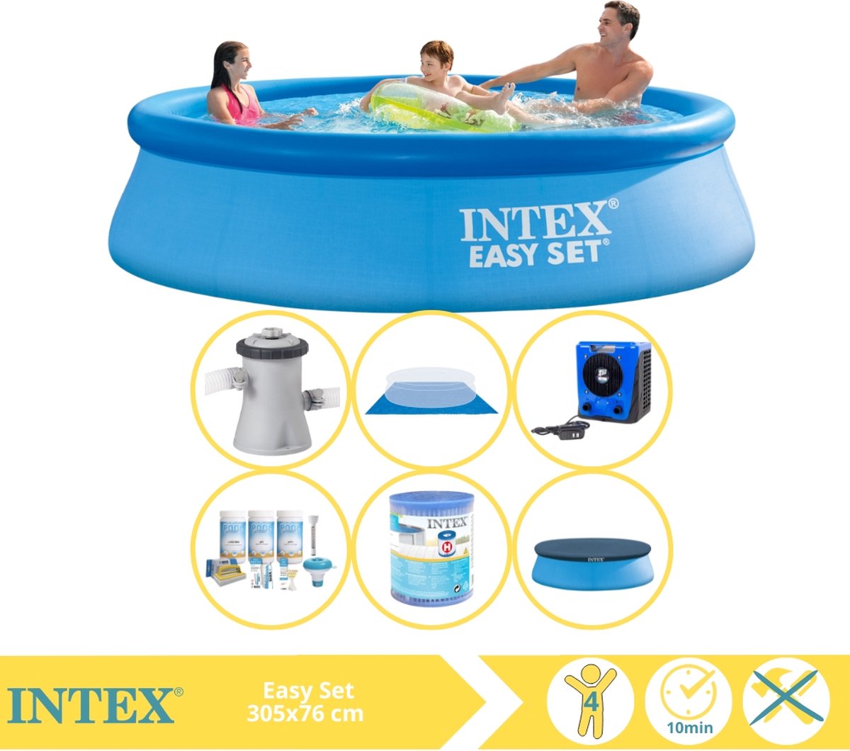   Easy Set Zwembad - Opblaaszwembad - 305x76 cm - Inclusief Afdekzeil, Onderhoudspakket, Filter, Grondzeil en Warmtepomp HS
