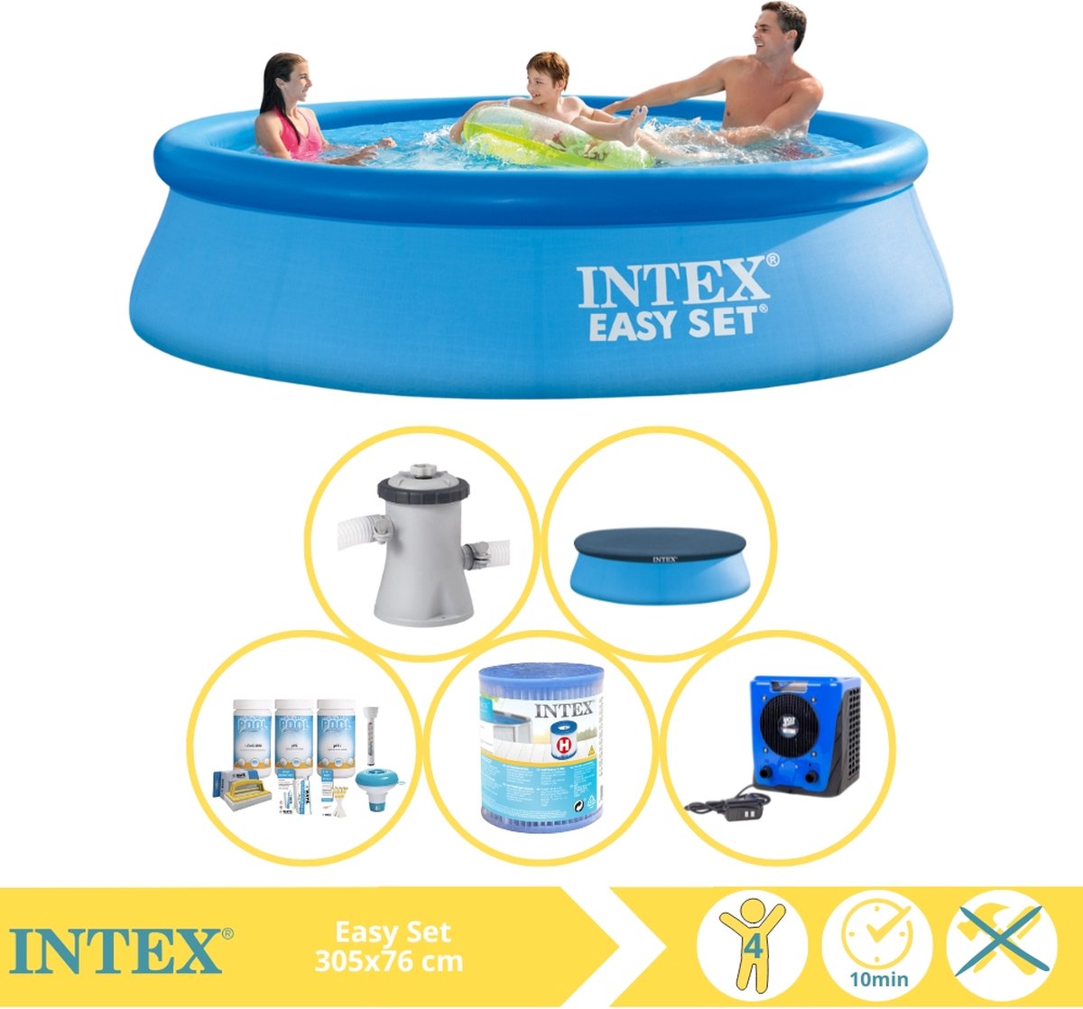  Easy Set Zwembad - Opblaaszwembad - 305x76 cm - Inclusief Afdekzeil, Onderhoudspakket, Filter en Warmtepomp HS