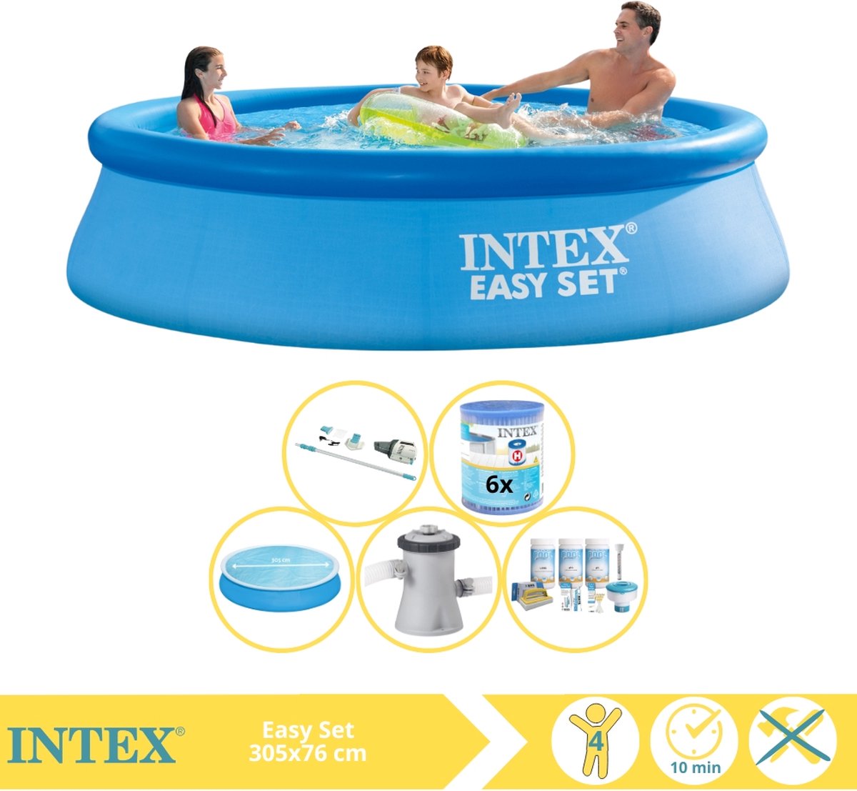   Easy Set Zwembad - Opblaaszwembad - 305x76 cm - Inclusief Solarzeil, Onderhoudspakket, Zwembadpomp, Filter en Stofzuiger