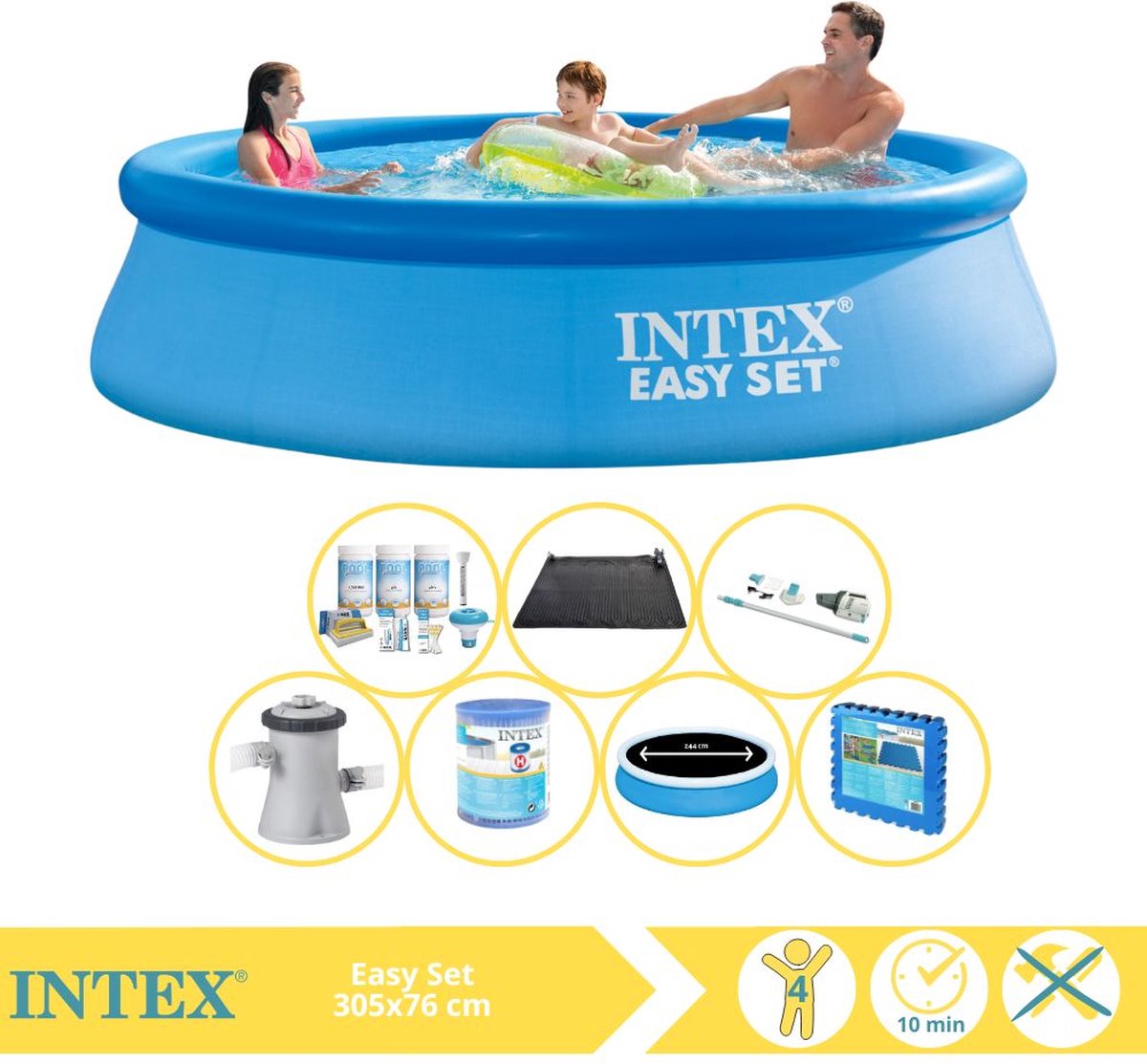   Easy Set Zwembad - Opblaaszwembad - 305x76 cm - Inclusief Solarzeil Pro, Onderhoudspakket, Filter, Stofzuiger, Solar Mat en Zwembadtegels