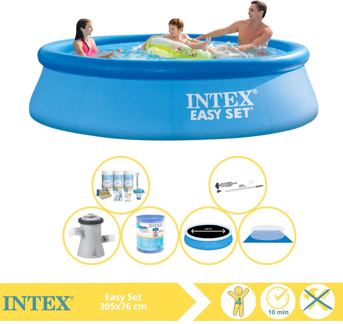   Easy Set Zwembad - Opblaaszwembad - 305x76 cm - Inclusief Solarzeil Pro, Onderhoudspakket, Zwembadpomp, Filter, Grondzeil en Stofzuiger