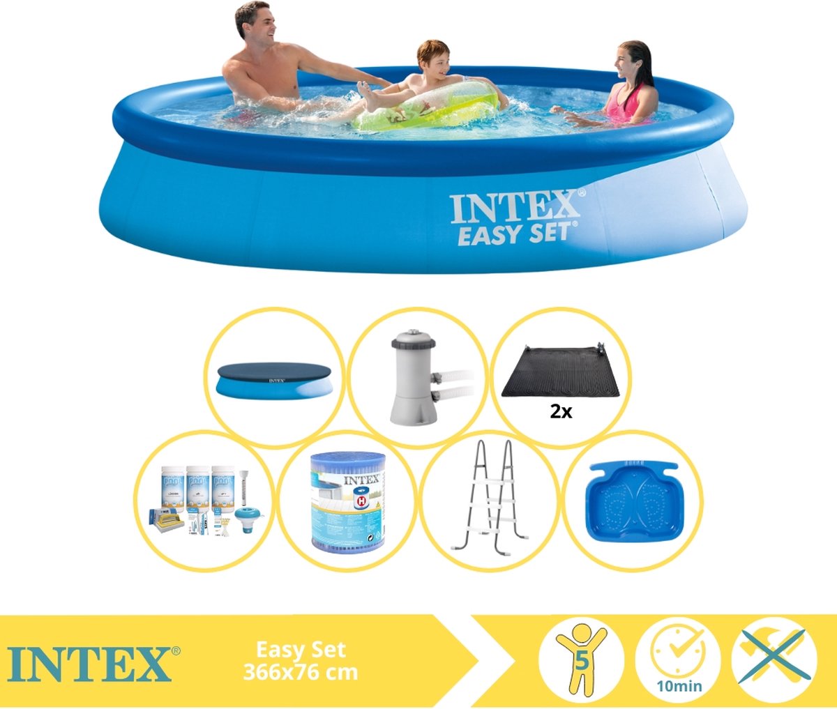   Easy Set Zwembad - Opblaaszwembad - 366x76 cm - Inclusief Afdekzeil, Onderhoudspakket, Filter, Solar Mat, Trap en Voetenbad
