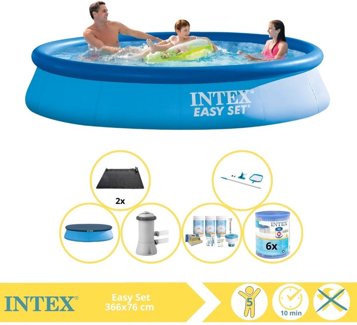   Easy Set Zwembad - Opblaaszwembad - 366x76 cm - Inclusief Afdekzeil, Onderhoudspakket, Zwembadpomp, Filter, Onderhoudsset en Solar Mat