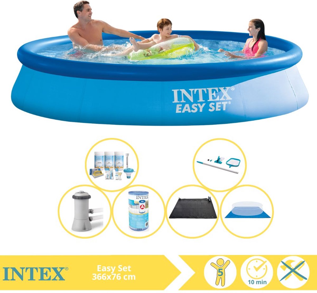   Easy Set Zwembad - Opblaaszwembad - 366x76 cm - Inclusief Onderhoudspakket, Filter, Grondzeil, Onderhoudsset en Solar Mat