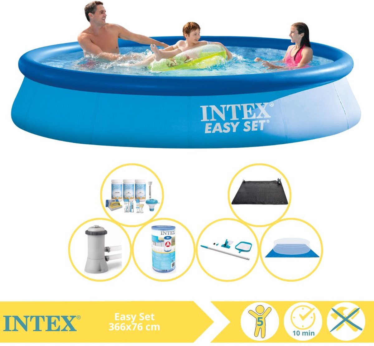   Easy Set Zwembad - Opblaaszwembad - 366x76 cm - Inclusief Onderhoudspakket, Zwembadpomp, Filter, Grondzeil, Onderhoudsset en Solar Mat