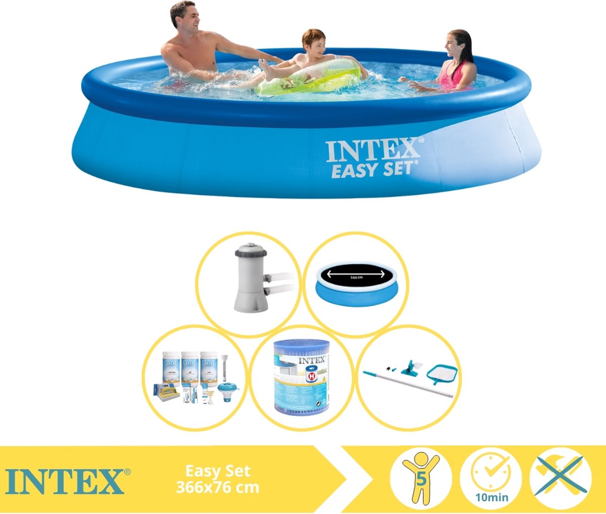   Easy Set Zwembad - Opblaaszwembad - 366x76 cm - Inclusief Solarzeil Pro, Onderhoudspakket, Filter en Onderhoudsset