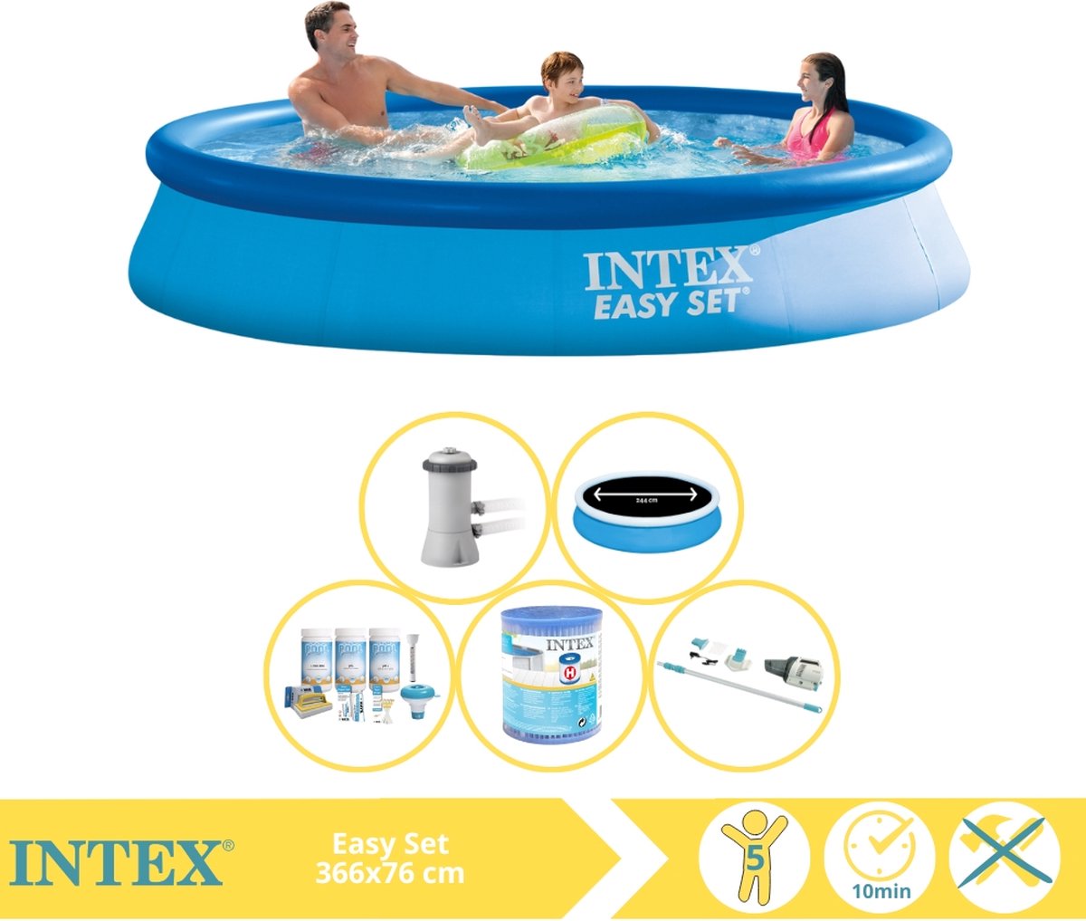   Easy Set Zwembad - Opblaaszwembad - 366x76 cm - Inclusief Solarzeil Pro, Onderhoudspakket, Filter en Stofzuiger