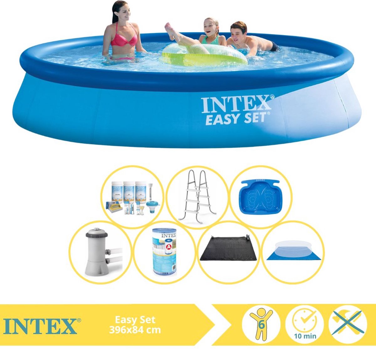   Easy Set Zwembad - Opblaaszwembad - 396x84 cm - Inclusief Onderhoudspakket, Filter, Grondzeil, Solar Mat, Trap en Voetenbad