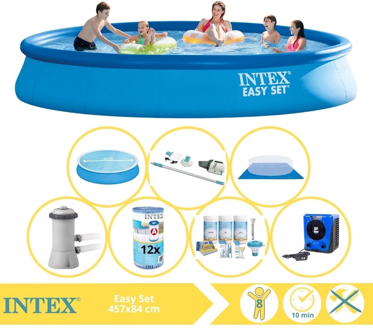   Easy Set Zwembad - Opblaaszwembad - 457x84 cm - Inclusief Comfortpool Solarzeil - Ã¸457 cm Onderhoudspakket, Filter, Grondzeil, Stofzuiger en Warmtepomp HS
