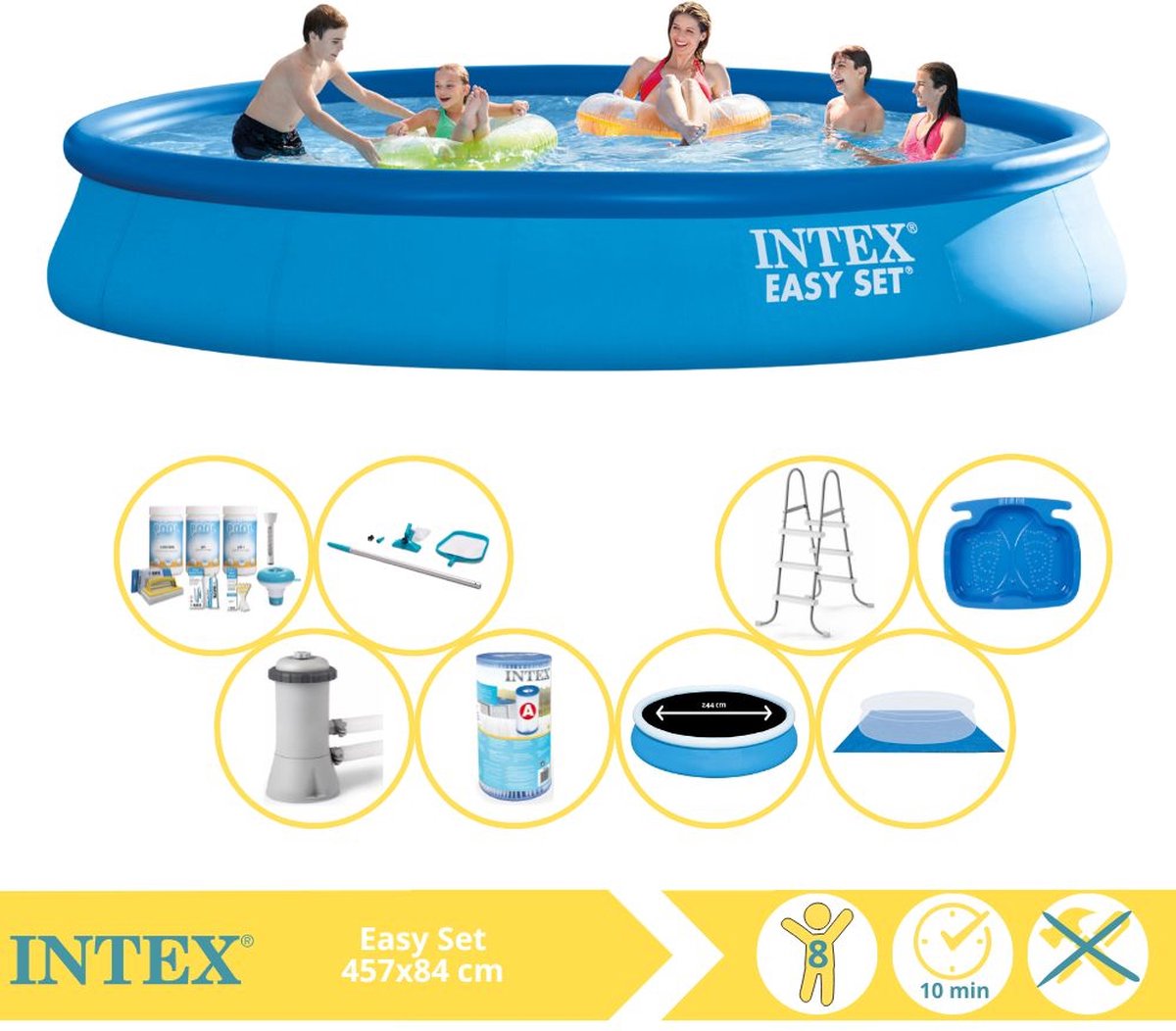   Easy Set Zwembad - Opblaaszwembad - 457x84 cm - Inclusief Solarzeil Pro, Onderhoudspakket, Filter, Grondzeil, Onderhoudsset, Trap en Voetenbad