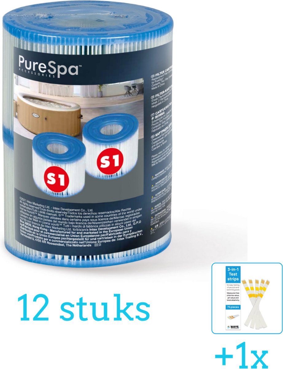  Filter Cartridge S1 voor Opblaas Spa Jacuzzi (per 2 verpakt) - 12 stuks - Voordeelverpakking - Inclusief WAYS Testrips (1 stuks) - Geschikt voor   Spa