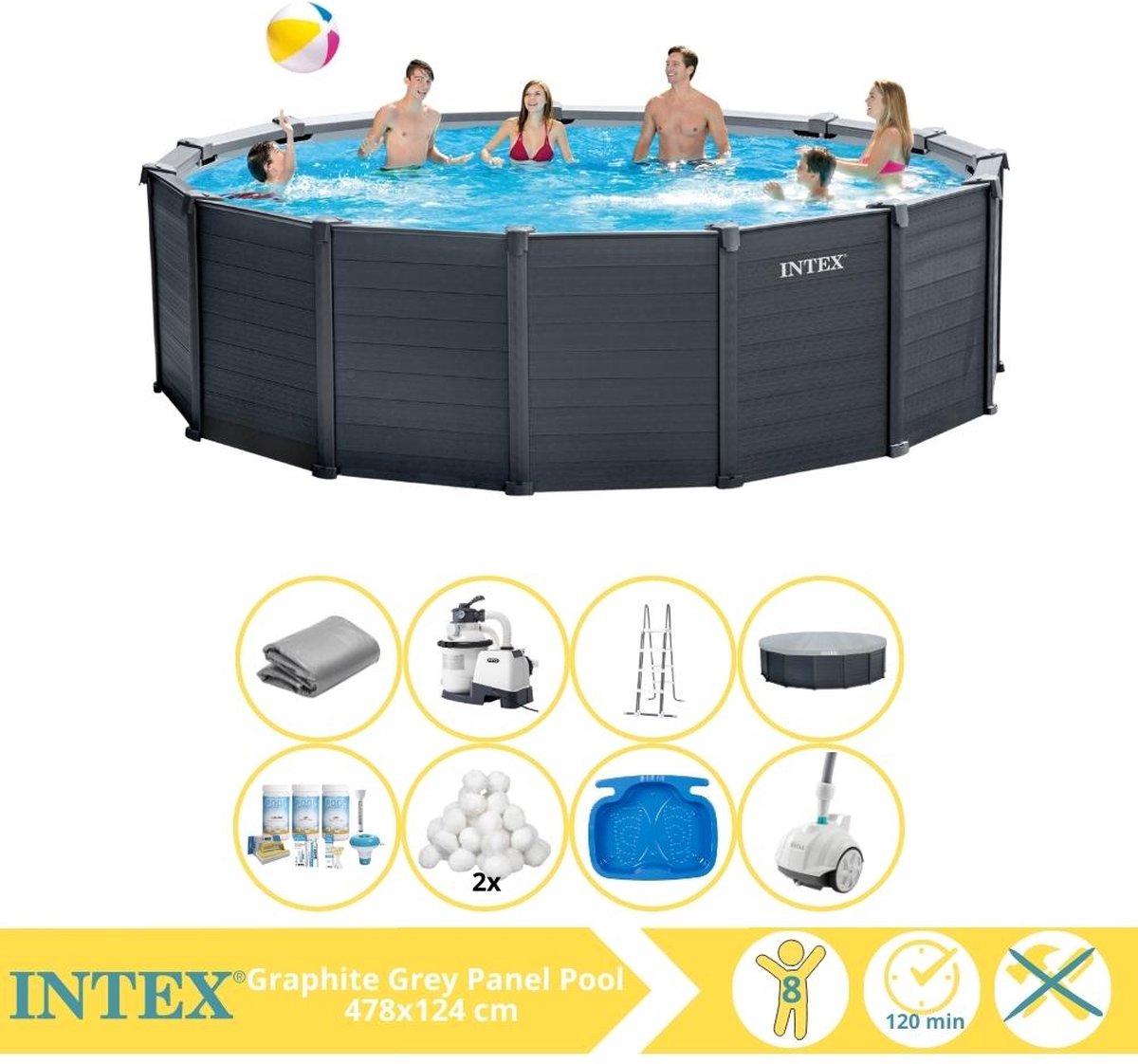   Graphite Gray Panel Zwembad - Opzetzwembad - 478x124 cm - Inclusief Onderhoudspakket, Filterbollen, Zwembad Stofzuiger en Voetenbad