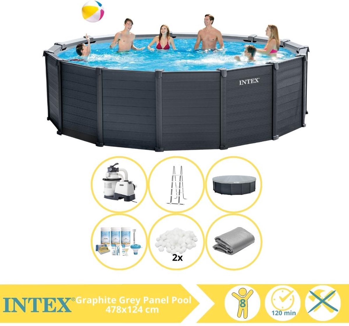   Graphite Gray Panel Zwembad - Opzetzwembad - 478x124 cm - Inclusief Onderhoudspakket en Filterbollen