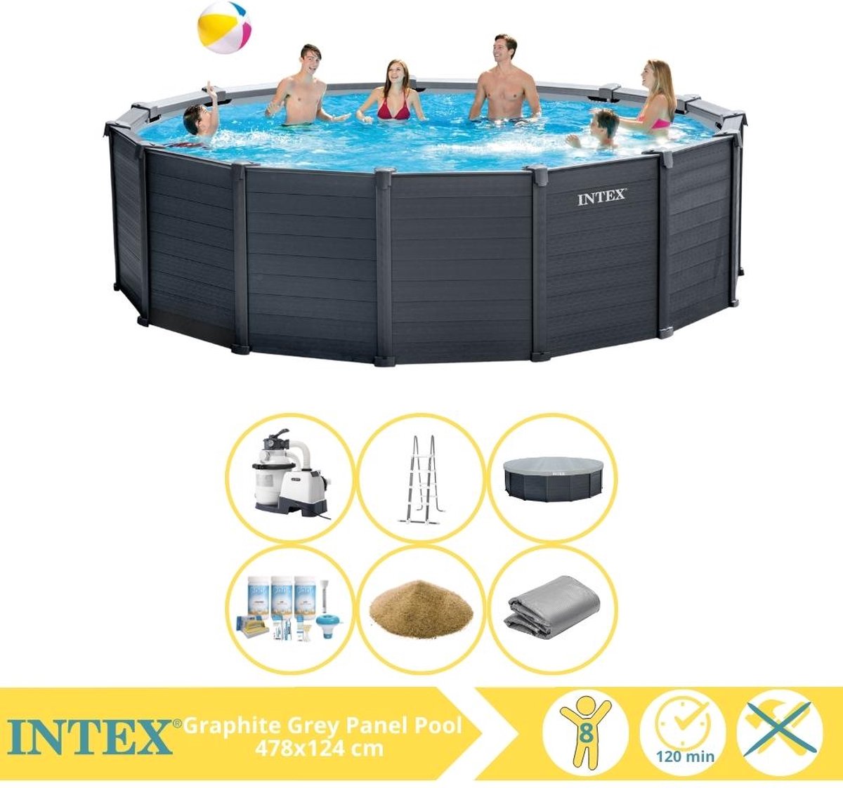   Graphite Gray Panel Zwembad - Opzetzwembad - 478x124 cm - Inclusief Onderhoudspakket en Filterzand