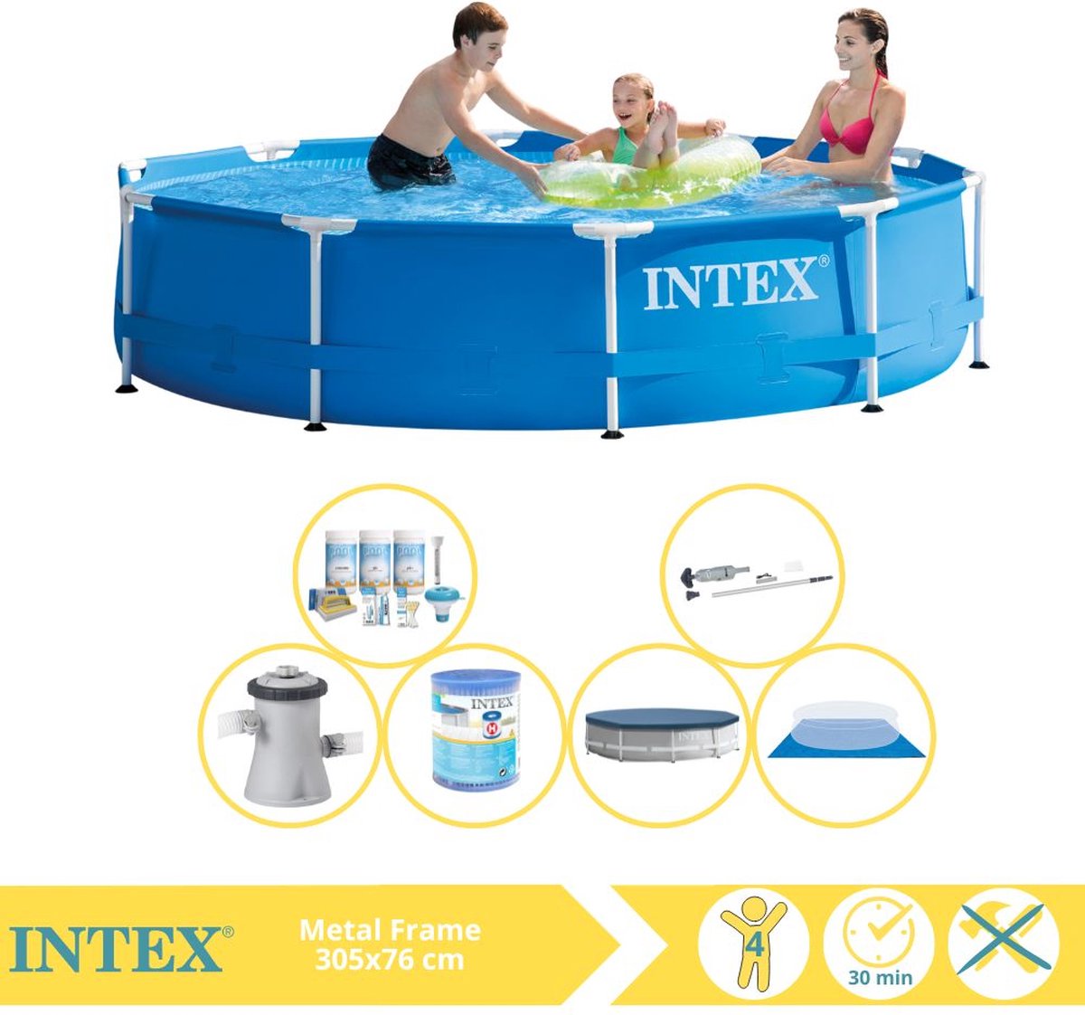   Metal Frame Zwembad - Opzetzwembad - 305x76 cm - Inclusief Afdekzeil, Onderhoudspakket, Filter, Grondzeil en Stofzuiger