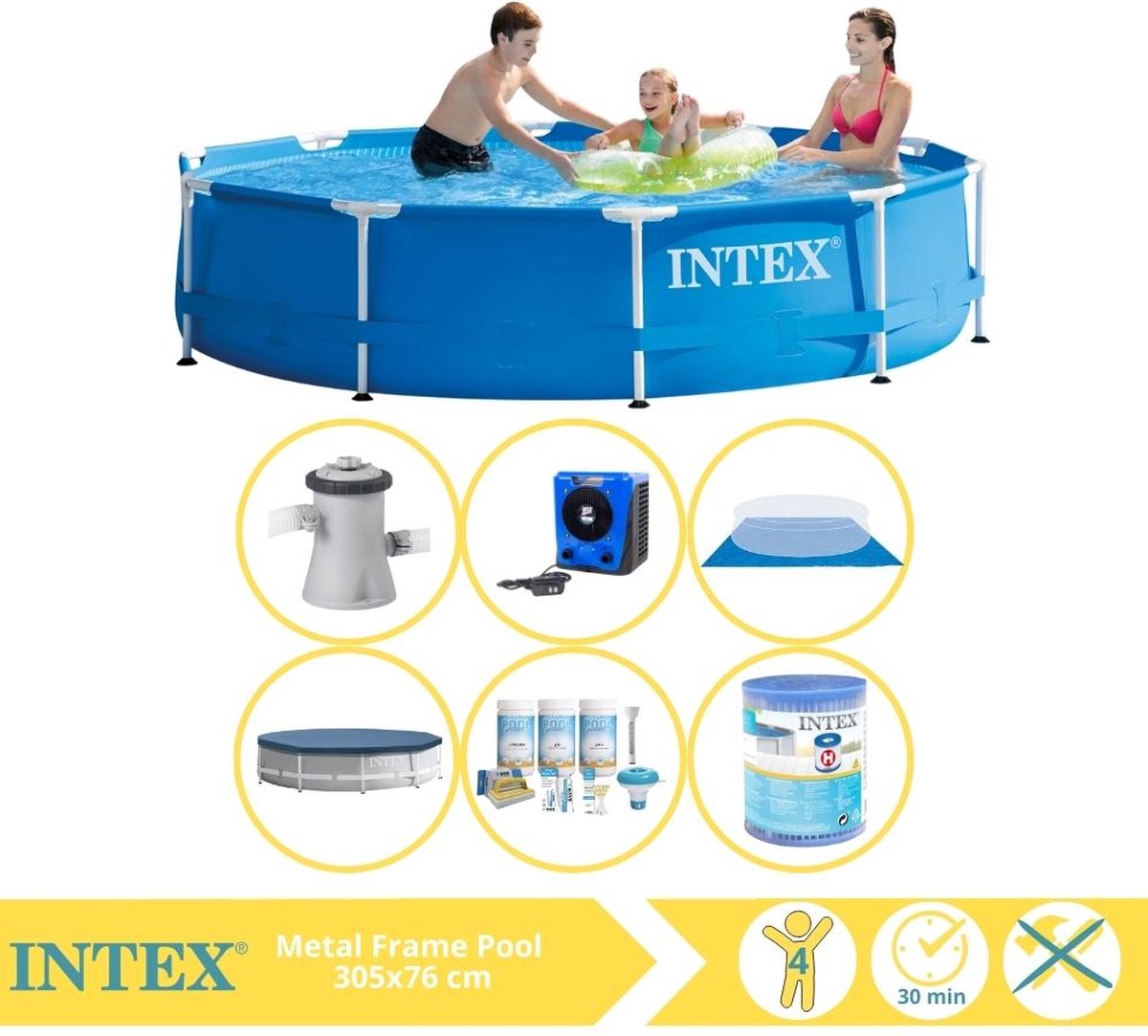   Metal Frame Zwembad - Opzetzwembad - 305x76 cm - Inclusief Afdekzeil, Onderhoudspakket, Filter, Grondzeil en Warmtepomp HS