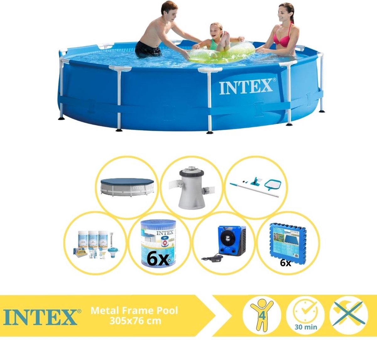   Metal Frame Zwembad - Opzetzwembad - 305x76 cm - Inclusief Afdekzeil, Onderhoudspakket, Filter, Onderhoudsset, Zwembadtegels en Warmtepomp HS