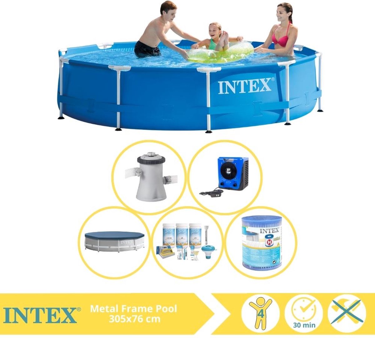   Metal Frame Zwembad - Opzetzwembad - 305x76 cm - Inclusief Afdekzeil, Onderhoudspakket, Filter en Warmtepomp HS