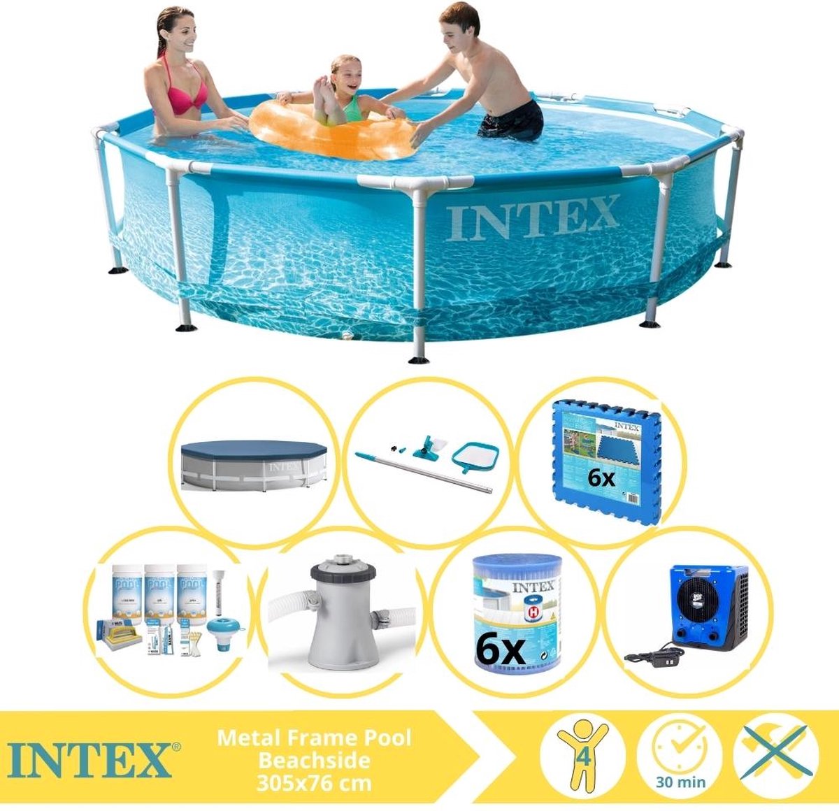   Metal Frame Zwembad - Opzetzwembad - 305x76 cm - Inclusief Afdekzeil, Onderhoudspakket, Zwembadpomp, Filter, Onderhoudsset, Zwembadtegels en Warmtepomp HS