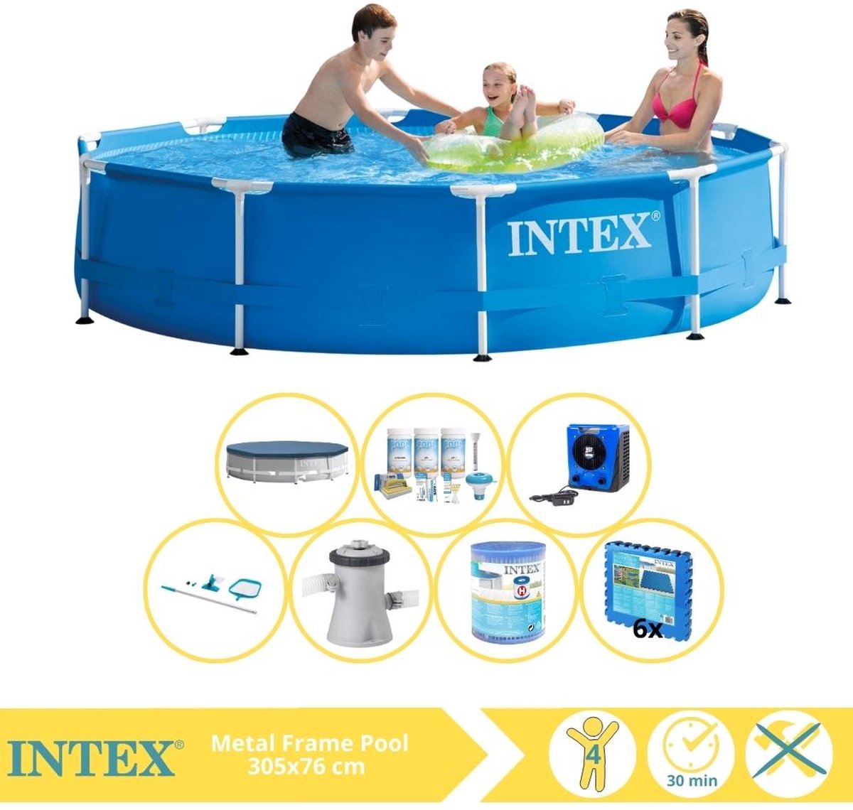   Metal Frame Zwembad - Opzetzwembad - 305x76 cm - Inclusief Afdekzeil, Onderhoudspakket, Zwembadpomp, Filter, Onderhoudsset, Zwembadtegels en Warmtepomp HS