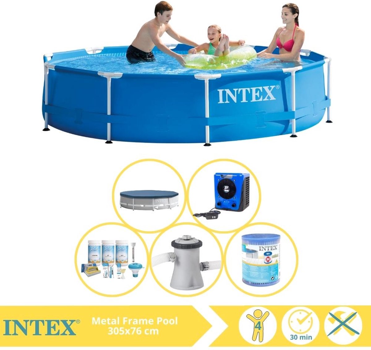   Metal Frame Zwembad - Opzetzwembad - 305x76 cm - Inclusief Afdekzeil, Onderhoudspakket, Zwembadpomp, Filter en Warmtepomp HS
