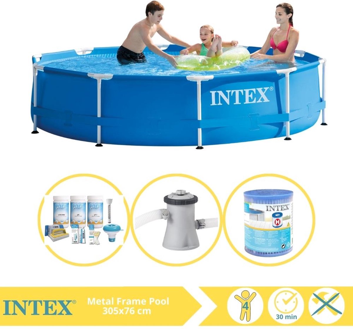  Metal Frame Zwembad - Opzetzwembad - 305x76 cm - Inclusief Onderhoudspakket, Zwembadpomp en Filter