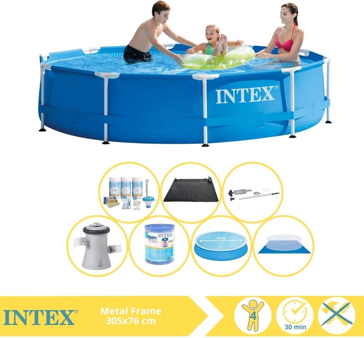   Metal Frame Zwembad - Opzetzwembad - 305x76 cm - Inclusief Solarzeil, Onderhoudspakket, Filter, Grondzeil, Stofzuiger en Solar Mat