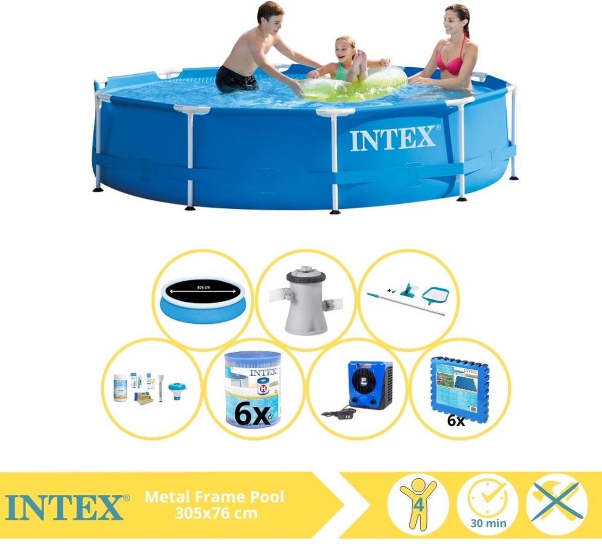   Metal Frame Zwembad - Opzetzwembad - 305x76 cm - Inclusief Solarzeil, Onderhoudspakket, Filter, Onderhoudsset, Zwembadtegels en Warmtepomp HS