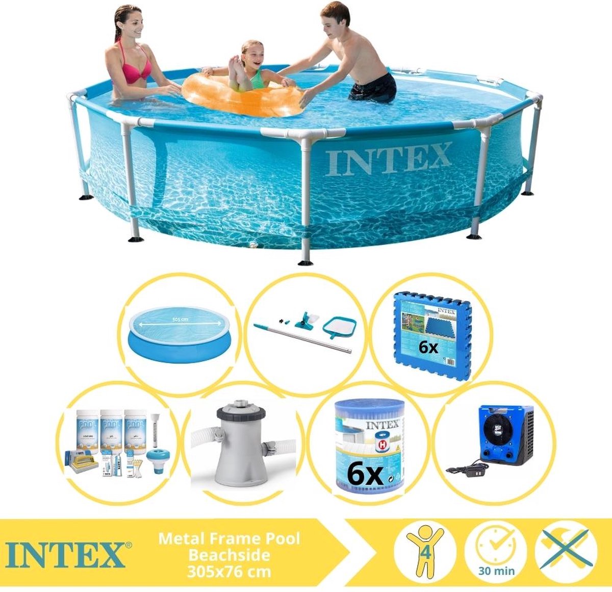   Metal Frame Zwembad - Opzetzwembad - 305x76 cm - Inclusief Solarzeil, Onderhoudspakket, Zwembadpomp, Filter, Onderhoudsset, Zwembadtegels en Warmtepomp HS